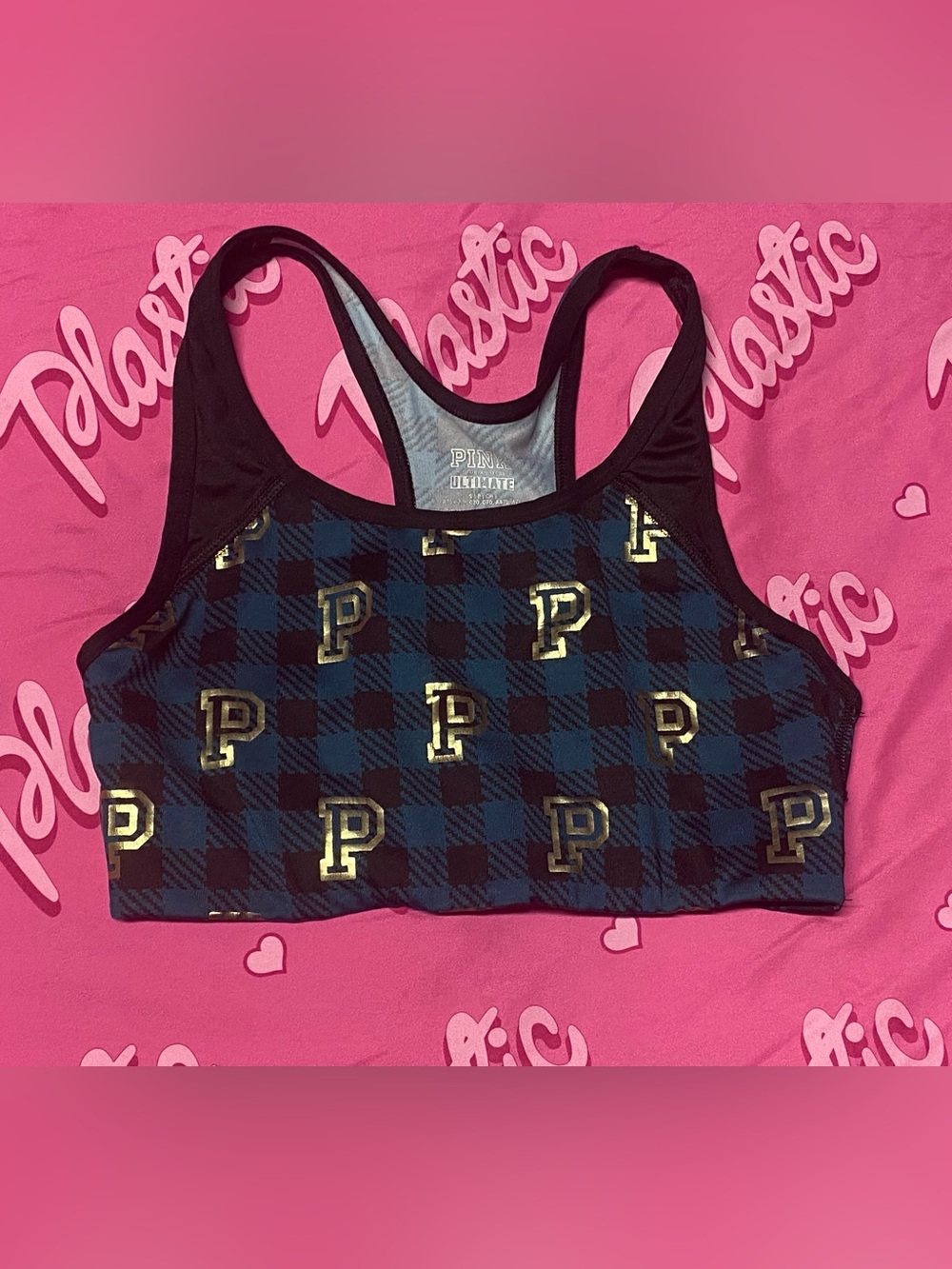 Victorias Secret PINK Ultimate Sports Bra Checkered Plaid Gold Foil Teal Black